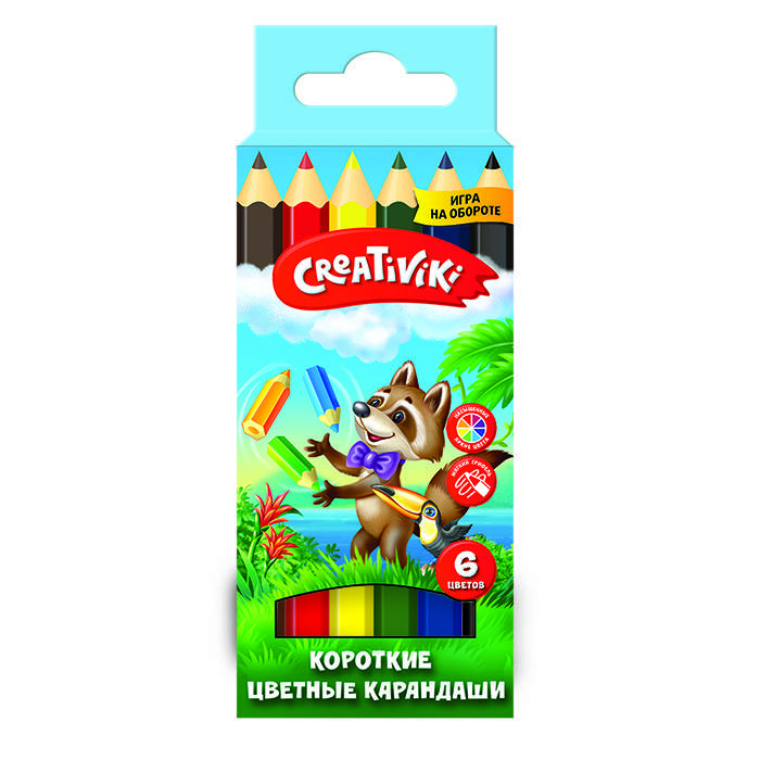 Набор цветных карандашей Creativiki, 6 цветов, шестигранные, дерево, короткие оптом