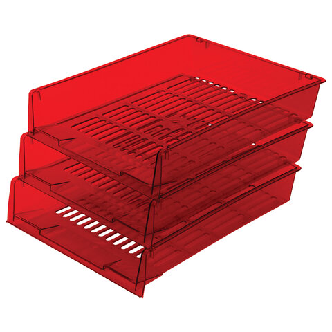 Лотки горизонтальные для бумаг, КОМПЛЕКТ 3 шт., 340х270х70 мм, тонированный красный, BRAUBERG "Office", 237260 оптом