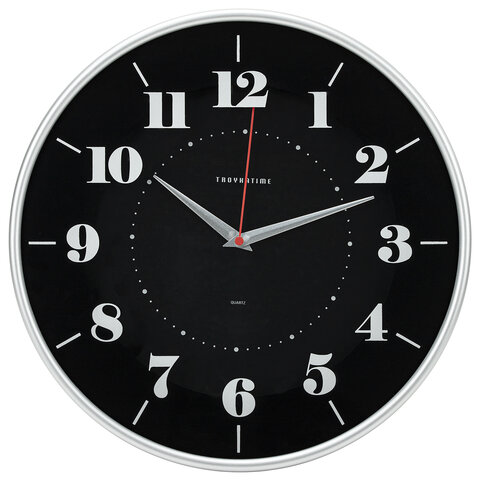 Часы настенные TROYKATIME (TROYKA) 77777740, круг, черные, серебристая рамка, 30,5х30,5х5 см оптом