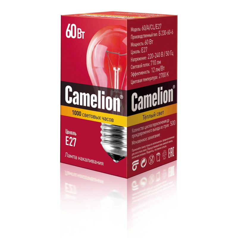 Лампа накаливания Camelion 60/A/CL/E27 60Вт Е27 груша прозрачн.колба (7277) оптом