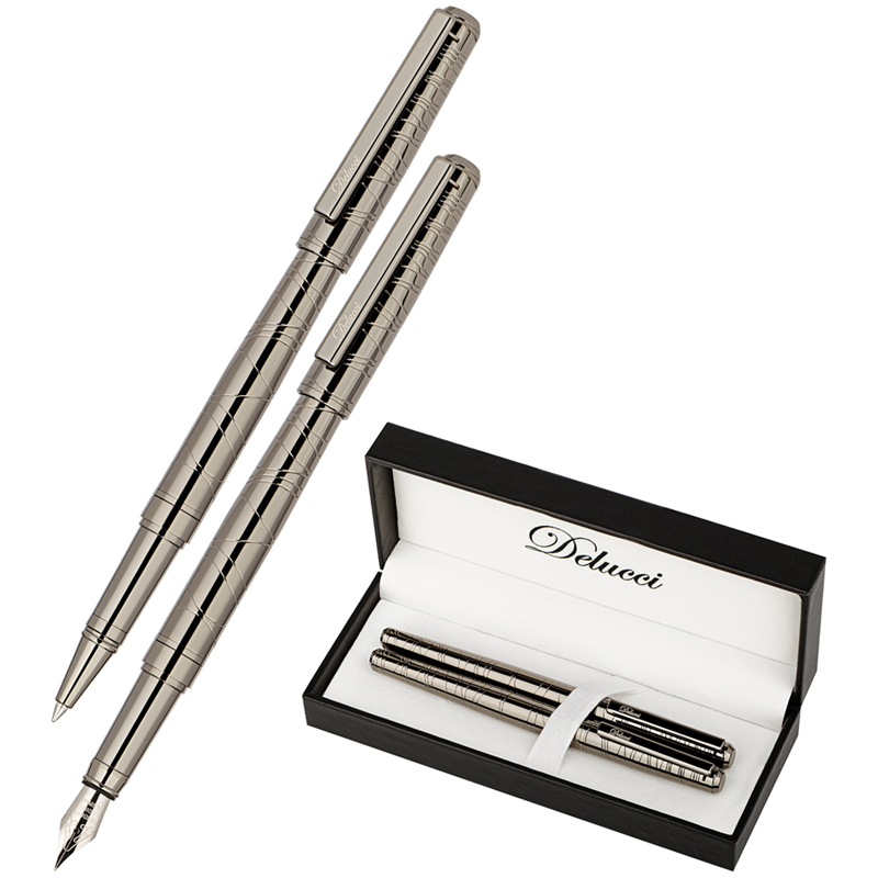 Набор Delucci "Mistico": ручка перьевая 0,8мм и ручка-роллер 0,6мм, черные, оруж. металл, подарочная упаковка оптом