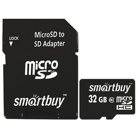 Карта памяти micro SDHC, 32 GB, SMARTBUY, 10 Мб/сек. (class 10), с адаптером, SB32GBSDCL10-01 оптом