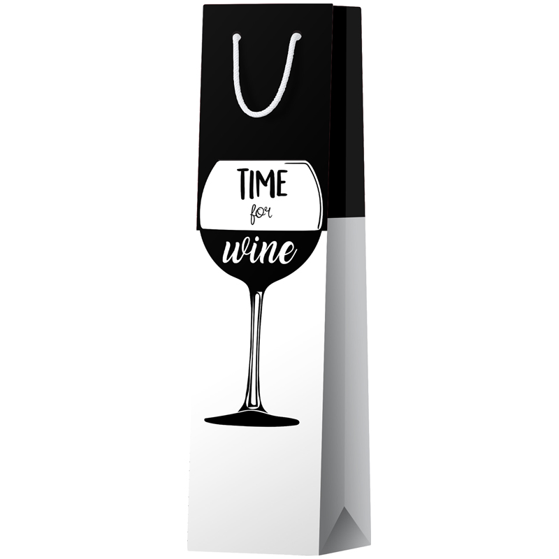 Пакет подарочный 12*36*8,5см ArtSpace "Time for wine. Black", матовое ламинирование, выб. лак, под бутылку оптом