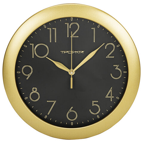 Часы настенные TROYKA 11171180, круг, черные, золотая рамка, 29х29х3,5 см оптом