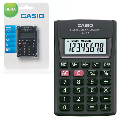 Калькулятор карманный CASIO HL-4A-S, КОМПАКТНЫЙ (87х56х8,6 мм), 8 разрядов, питание от батареи, черный, HL-4A-S-EP оптом