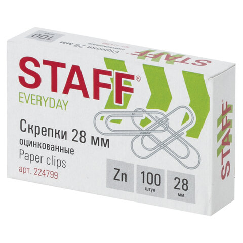 Скрепки STAFF "EVERYDAY", 28 мм, оцинкованные, 100 шт., в картонной коробке, Россия, 224799 оптом