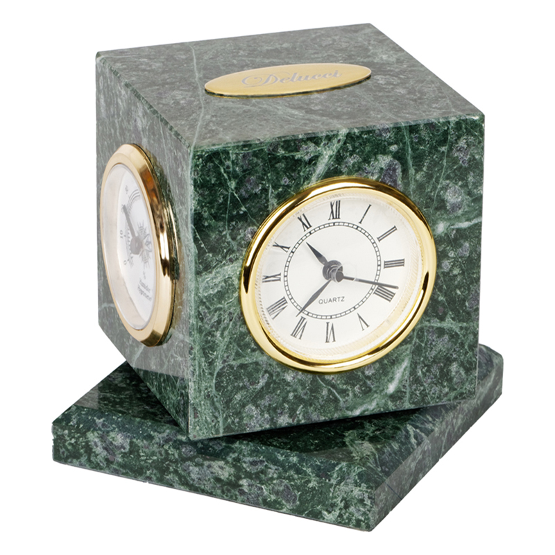 Куб вращающийся Delucci с часами, термометром, гигрометром, зеленый мрамор оптом
