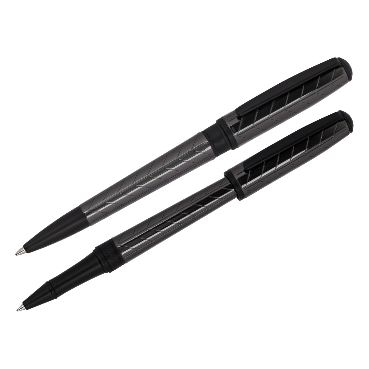 Набор Delucci "Marte": ручка шариковая 1мм и ручка-роллер 0,6мм, синие, корпус титан/черный, подарочная упаковка оптом