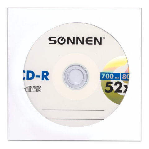 Диск CD-R SONNEN, 700 Mb, 52x, бумажный конверт (1 штука), 512573 оптом
