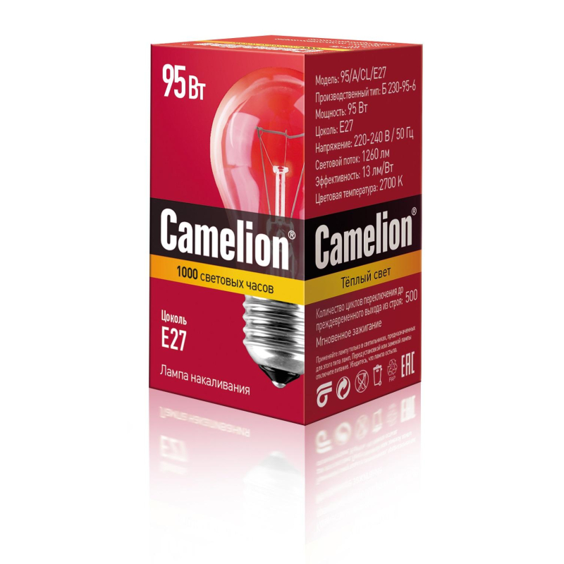 Лампа накаливания Camelion 95/A/CL/E27 95Вт Е27 гр оптом