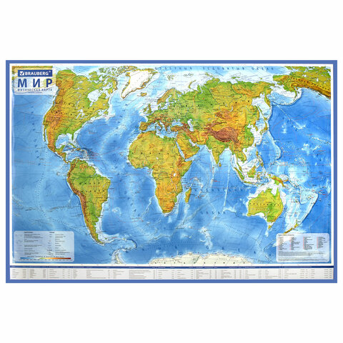 Карта мира физическая 101х66 см, 1:29М, с ламинацией, интерактивная, европодвес, BRAUBERG, 112377 оптом